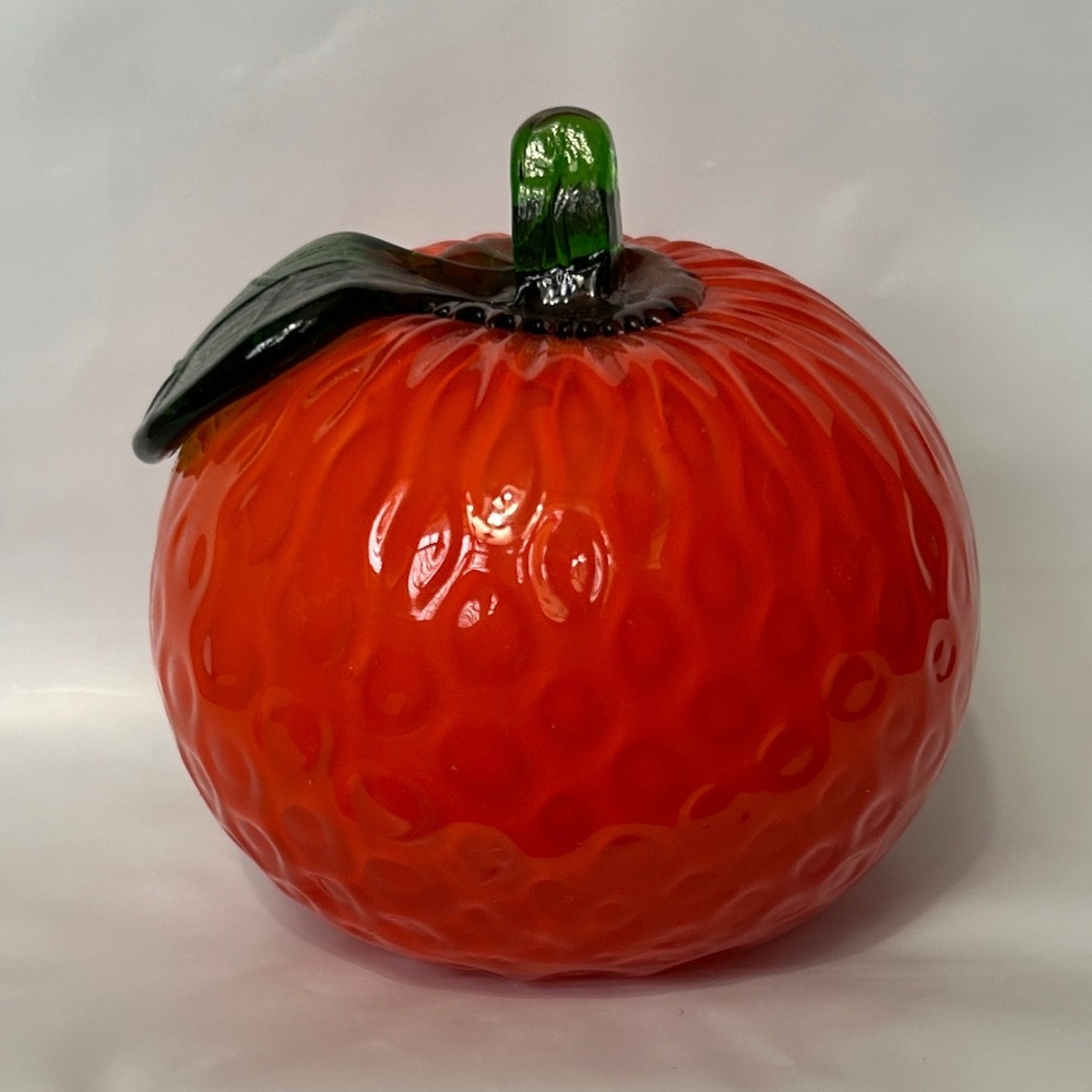 Murano Style Hand Blown Glass Orange w/ Green Leaf and Stem 3.5" Tall